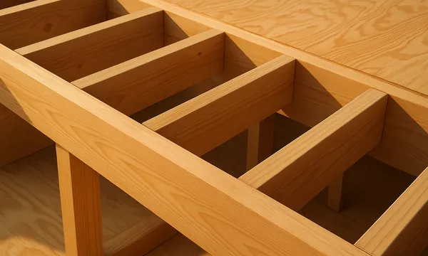 Floor joists framed into an open bay with the plywood subfloor laid over the far side, low sun raking across the grain.