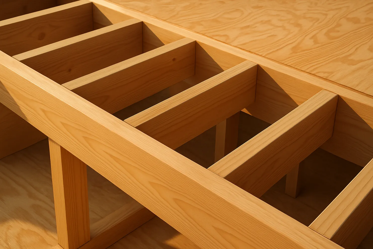 Floor joists framed into an open bay with the plywood subfloor laid over the far side, low sun raking across the grain.