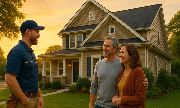 A roofing technician in a cap talks with a couple in their front yard at sunset, a two-story tan house with blue shutters and a dark shingle roof behind them.