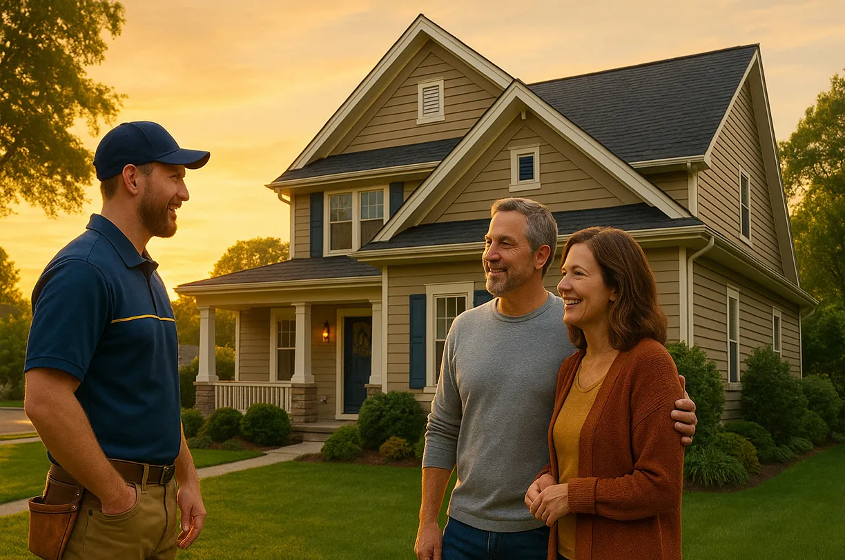A roofing technician in a cap talks with a couple in their front yard at sunset, a two-story tan house with blue shutters and a dark shingle roof behind them.