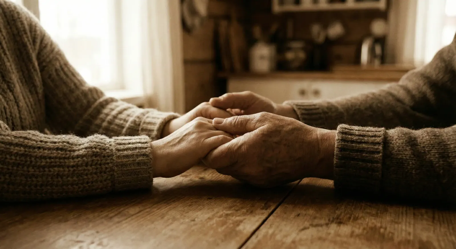 Two people in knit sweaters holding hands across a worn wood table, an older weathered hand closed over a younger one, a warm kitchen behind them.