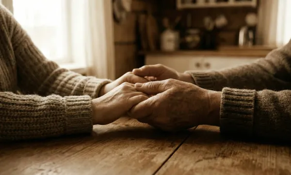 Two people in knit sweaters holding hands across a worn wood table, an older weathered hand closed over a younger one, a warm kitchen behind them.