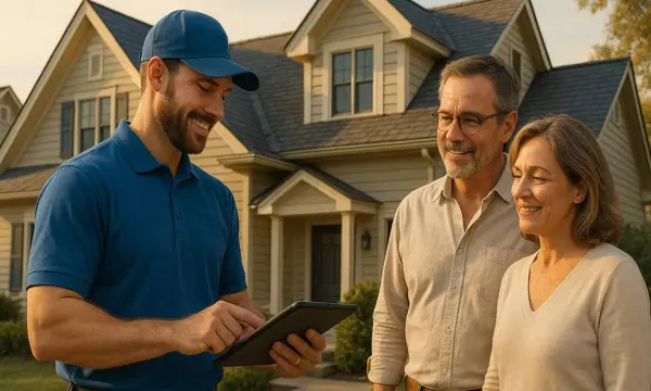 A technician in a blue polo and cap shows a tablet screen to an older couple standing on the front walk of their two-story tan house, dark shingle roof and dormers behind them in late-afternoon light.