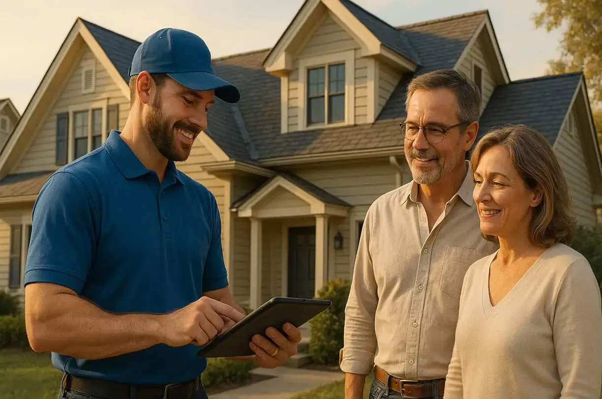 A technician in a blue polo and cap shows a tablet screen to an older couple standing on the front walk of their two-story tan house, dark shingle roof and dormers behind them in late-afternoon light.