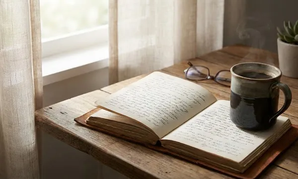 An open handwritten journal on a farmhouse table by a curtained window, a steaming stoneware mug and a pair of reading glasses beside it.