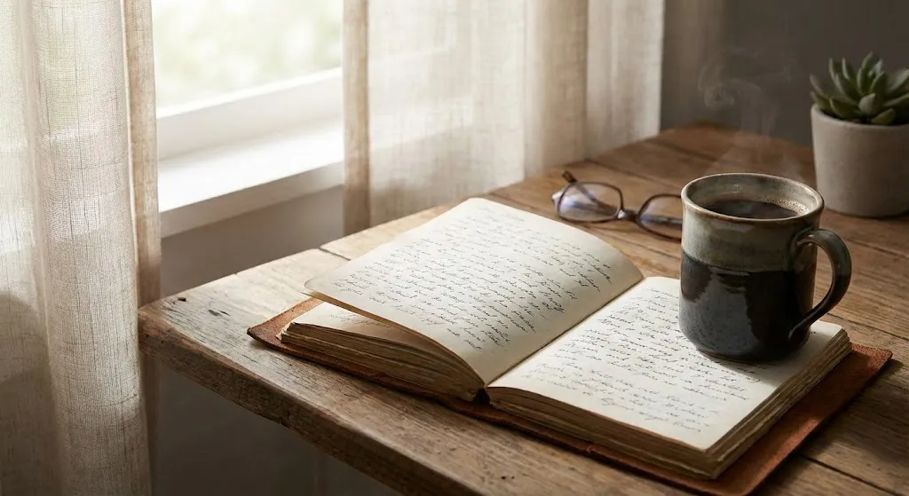 An open handwritten journal on a farmhouse table by a curtained window, a steaming stoneware mug and a pair of reading glasses beside it.