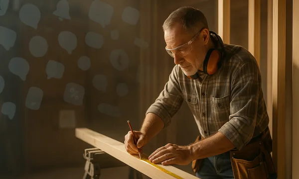 A carpenter in safety glasses marking a board with a pencil, ear muffs around his neck, faint speech-bubble icons drifting on the wall behind him.