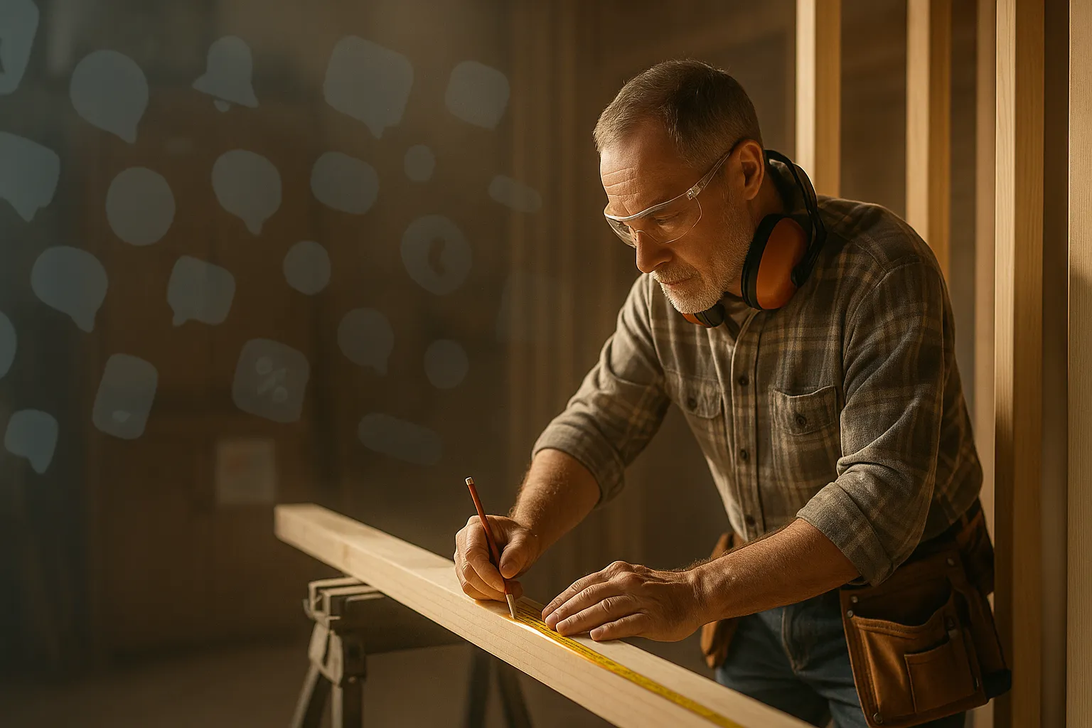 A carpenter in safety glasses marking a board with a pencil, ear muffs around his neck, faint speech-bubble icons drifting on the wall behind him.