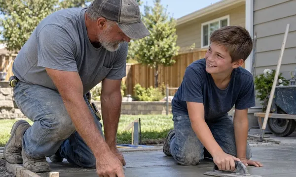 An older mason kneels on a freshly poured concrete slab pointing at the edge the boy has just finished, while the boy kneels opposite him grinning, one hand resting on a float, a sunlit back yard behind them.