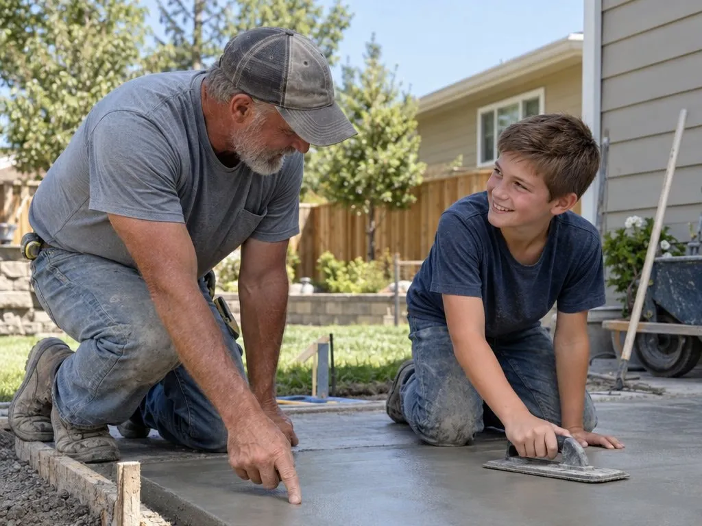 An older mason kneels on a freshly poured concrete slab pointing at the edge the boy has just finished, while the boy kneels opposite him grinning, one hand resting on a float, a sunlit back yard behind them.