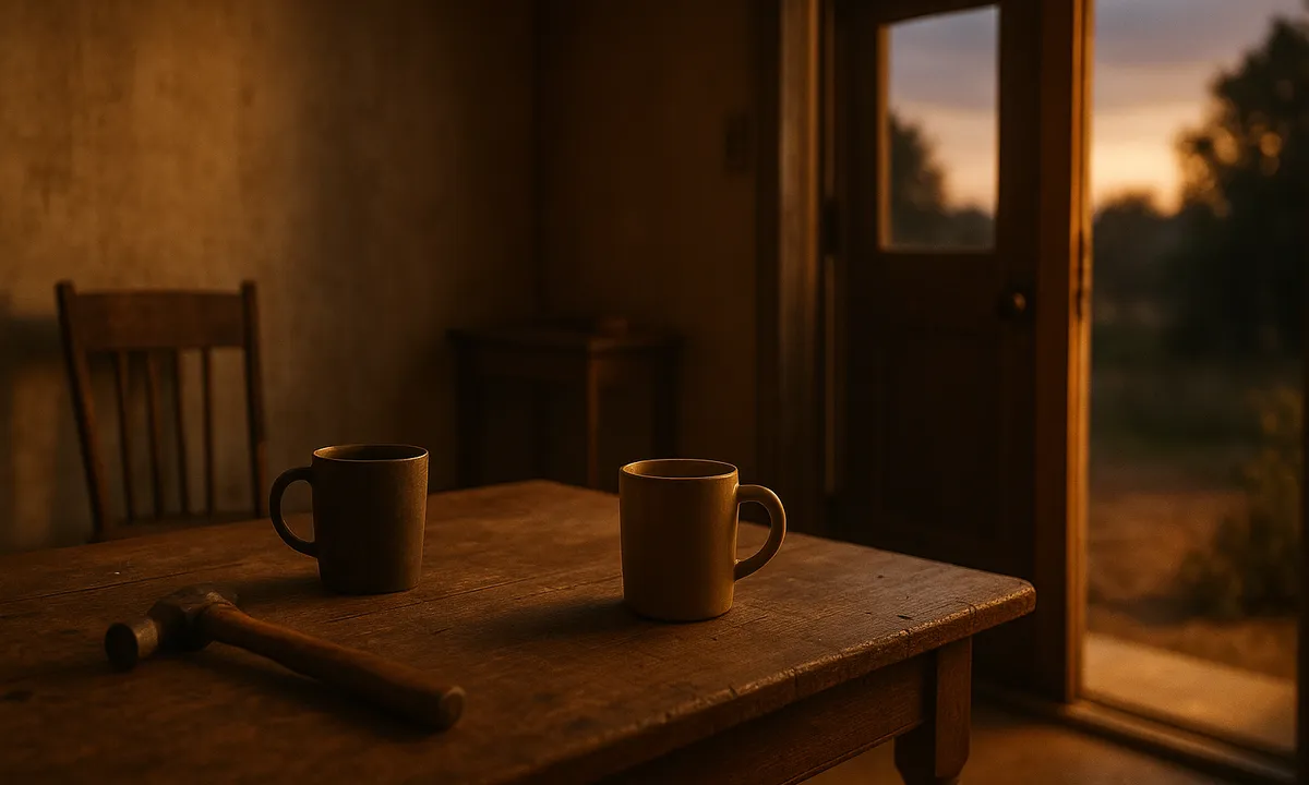 Two ceramic mugs on a worn farmhouse table at dusk, a hammer lying beside them and the back door standing open to the evening sky.