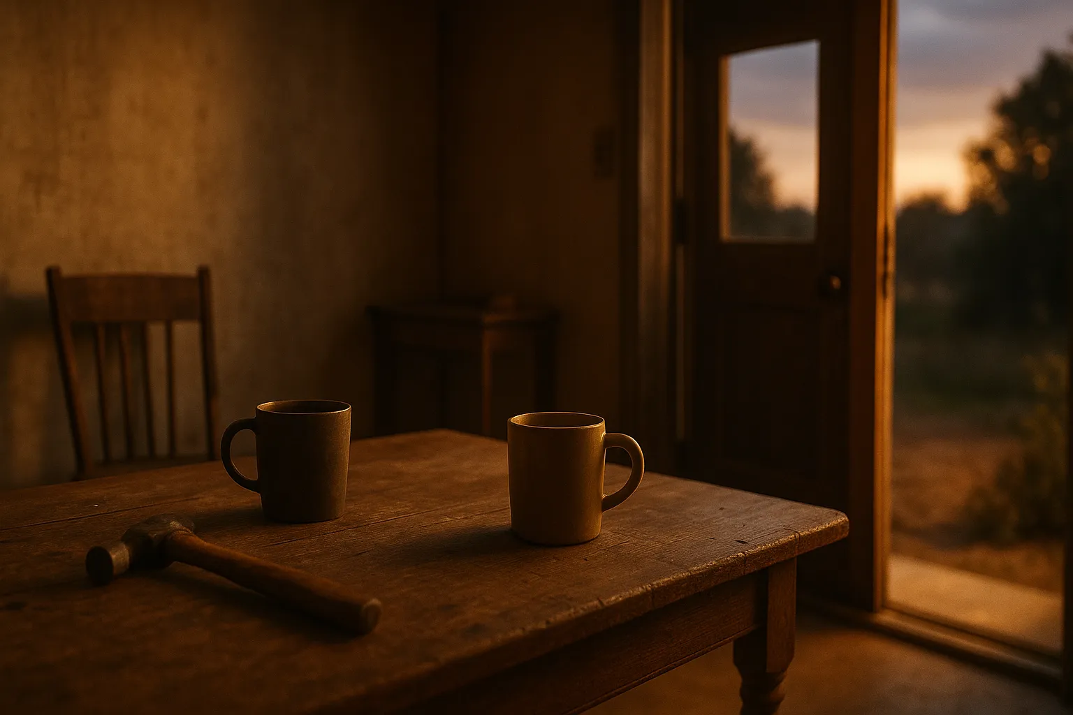 Two ceramic mugs on a worn farmhouse table at dusk, a hammer lying beside them and the back door standing open to the evening sky.